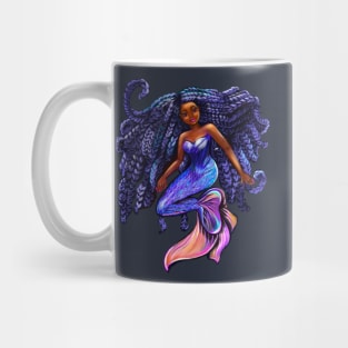 mermaid with flowing shimmering blue black braids  , brown eyes curly Afro hair and caramel brown skin Mug